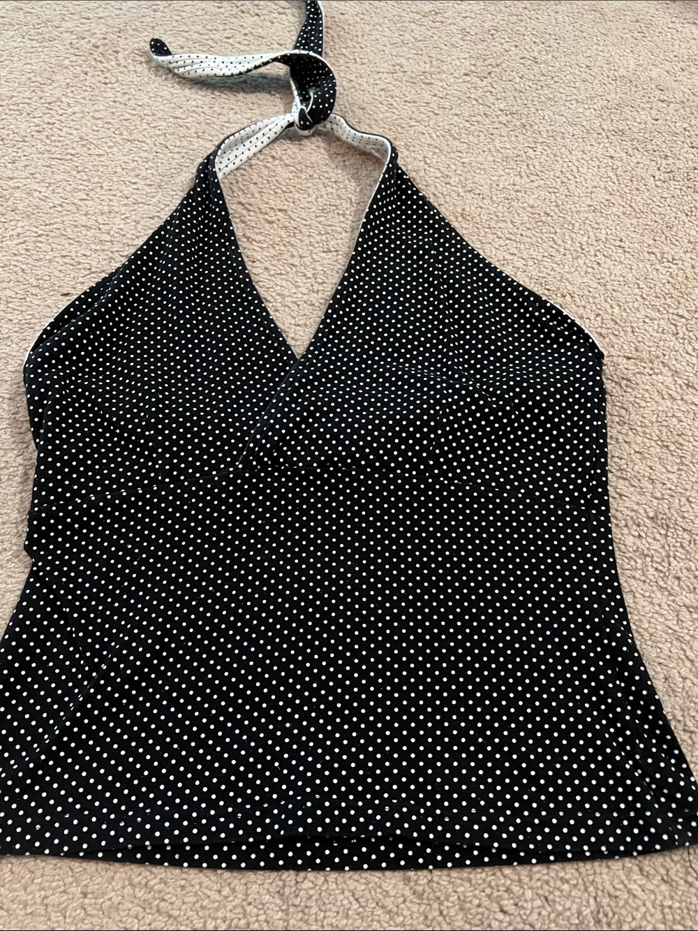 Energie Black Halter Tank Top with White Polka Dots